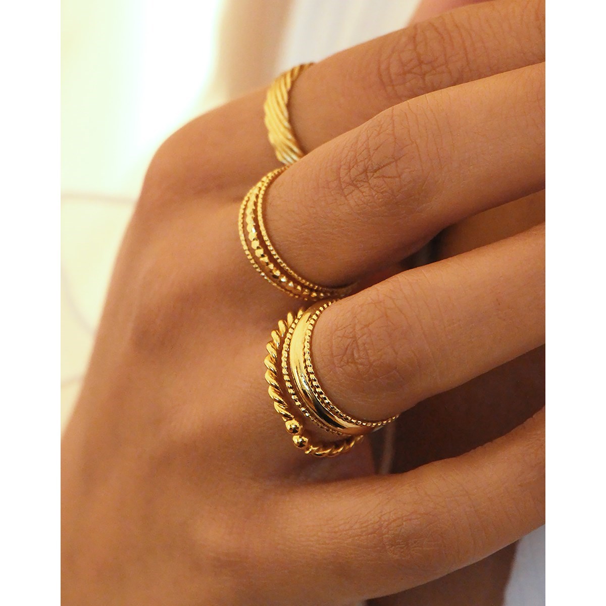 Bague ajustable accumulable dorée à l'or fin 24K INES