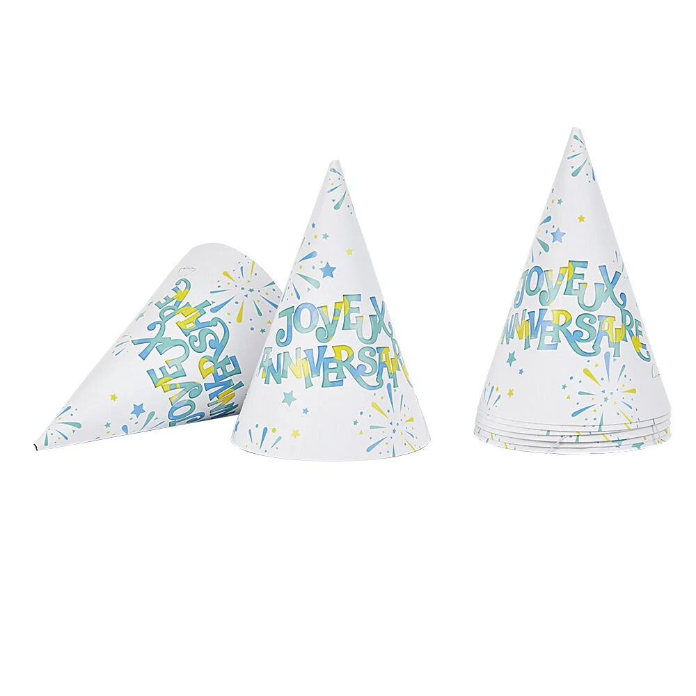 Chapeau de fête Joyeux anniversaire et feux d'artifice en carton x 8