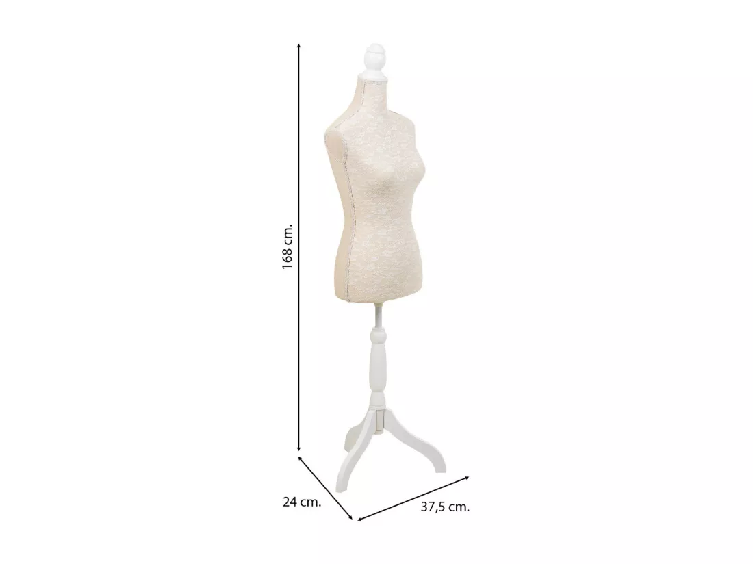 Mannequin en bois et mousse habillé de tissu couleur crème 24x37,5x168h