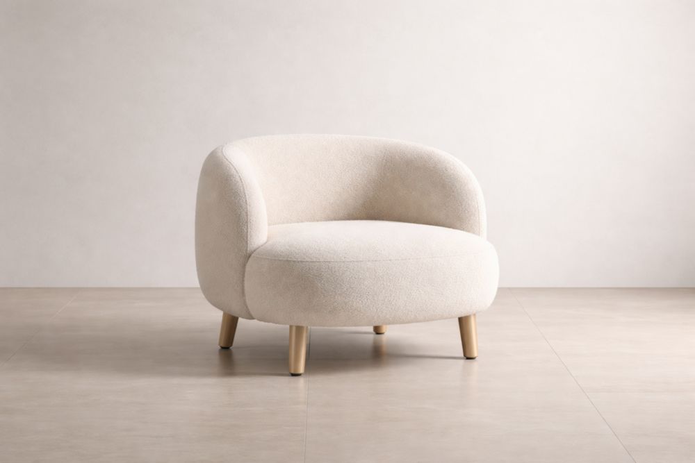 Runder Loungesessel aus Polyester mit Buchenholzbeinen, Creme