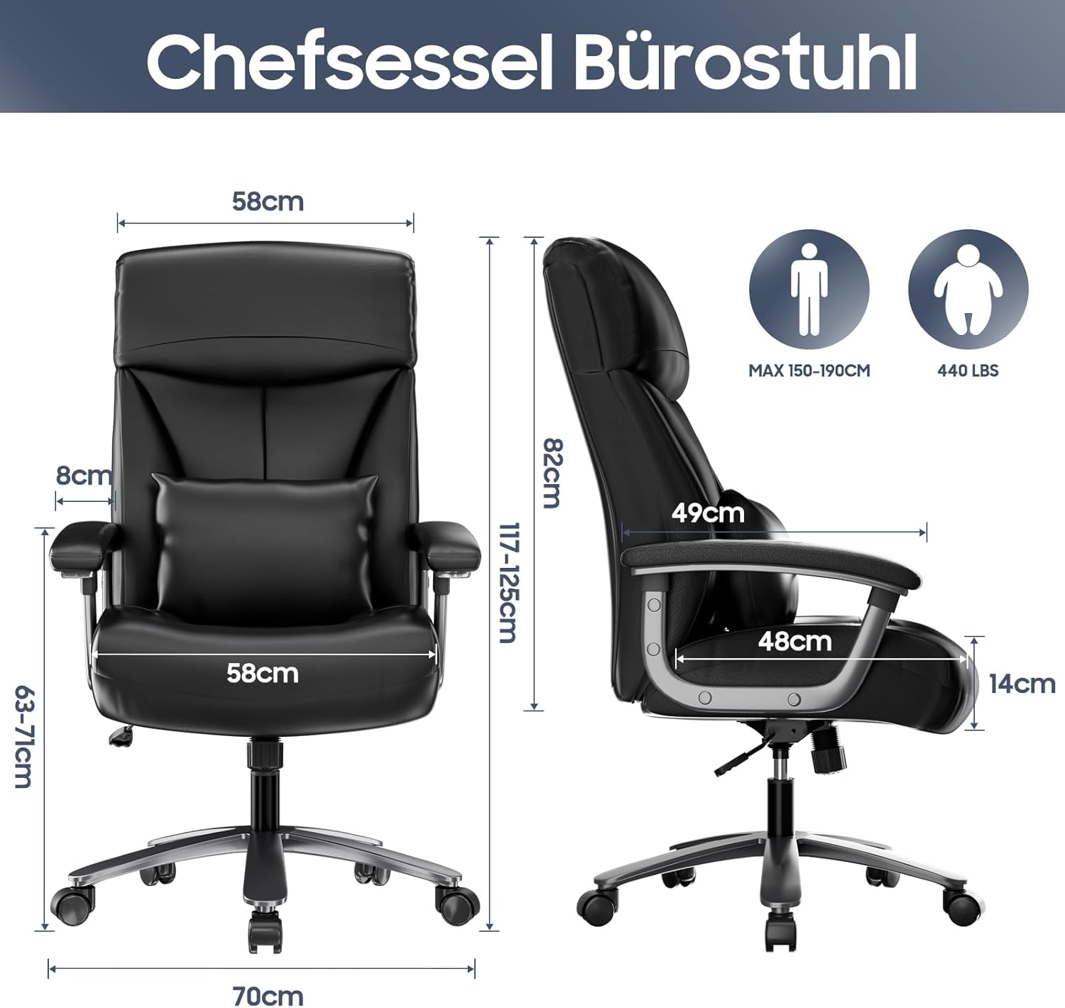Ergonomischer Bürostuhl 200kg, Chefsessel, Schreibtischstuhl, Bequem XXL Breiter Sitzfläche, verdickte Gepolstert, Höhenverstellbar, mit Lendenkissen, für Große Menschen, Kratzfeste Leder