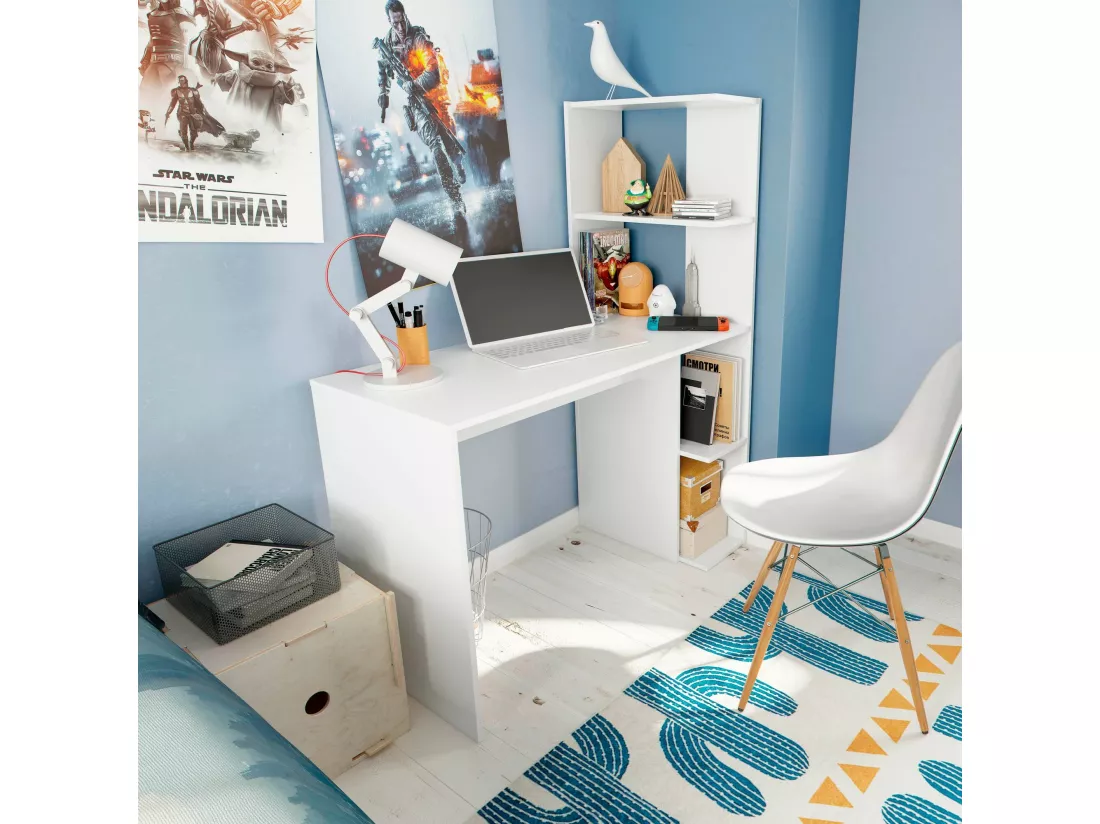 Bureau Dlup, Bureau linéaire avec bibliothèque, Table de bureau polyvalente peu encombrante, 110x50h136 cm, Blanc