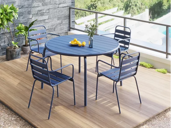 Salle à manger de jardin en métal - une table D.110 cm et 4 fauteuils empilables - Bleu nuit - MIRMANDE de MYLIA