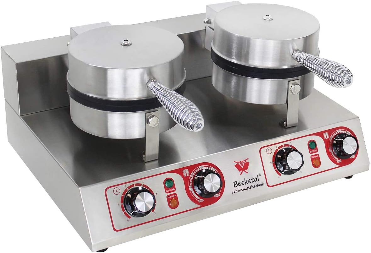 Beeketal 'BWA-2' Profi Gastro Doppel Waffeleisen mit antihaftbeschichteten Backplatten (2 x 4 geteilt rund), Waffelautomat für belgische Waffeln mit Edelstahl Gehäuse, 50-300 °C stufenlos