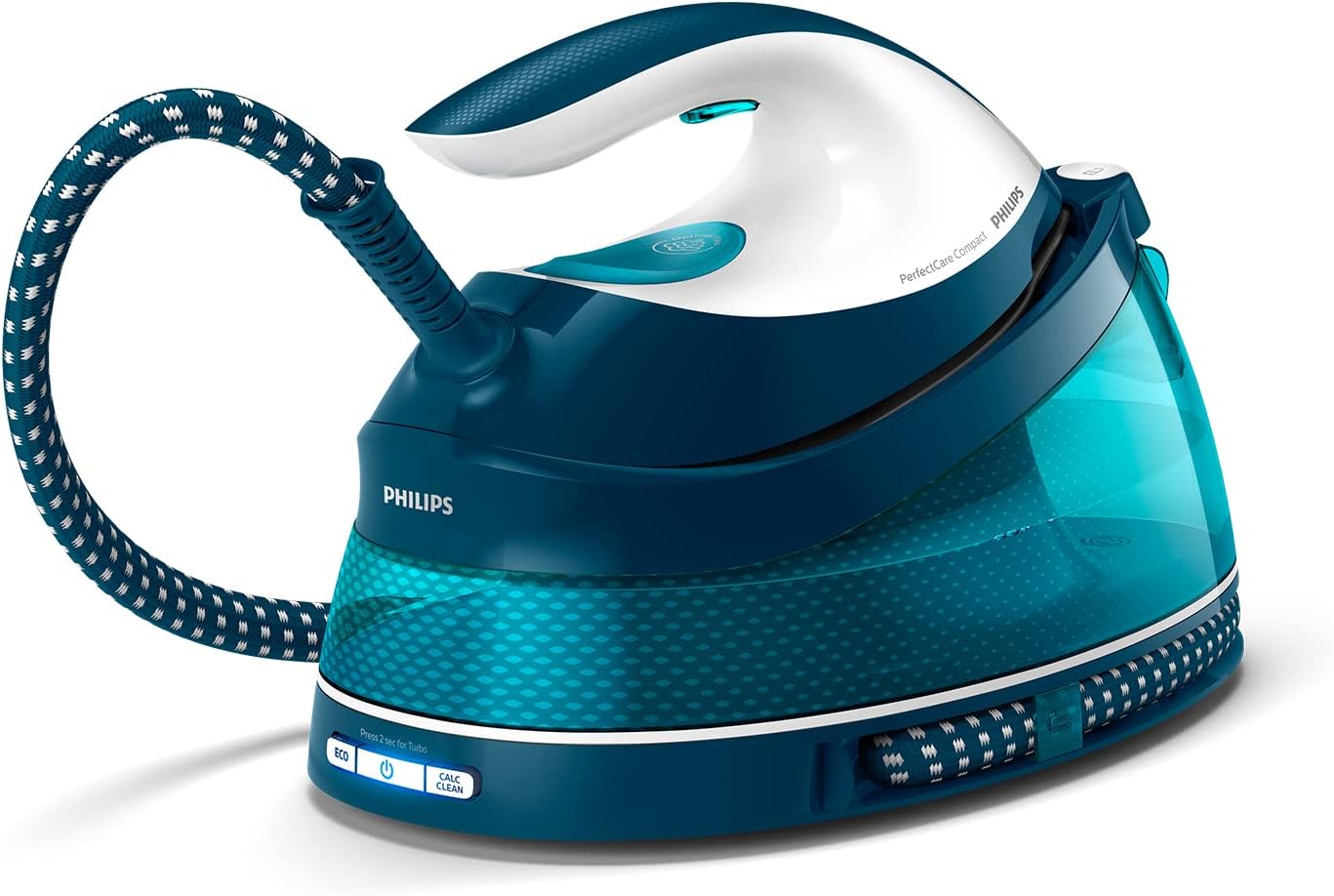 Philips Domestic Appliances Perfect Care Compact Dampfbügelstation - OptimalTemp Technologie, 120 g/min Dauerdampf, 2400 Watt, 6,5 bar Druck, 1,5 L Wassertank, SteamGlide Bügelsohle, Blau (GC7844/20)