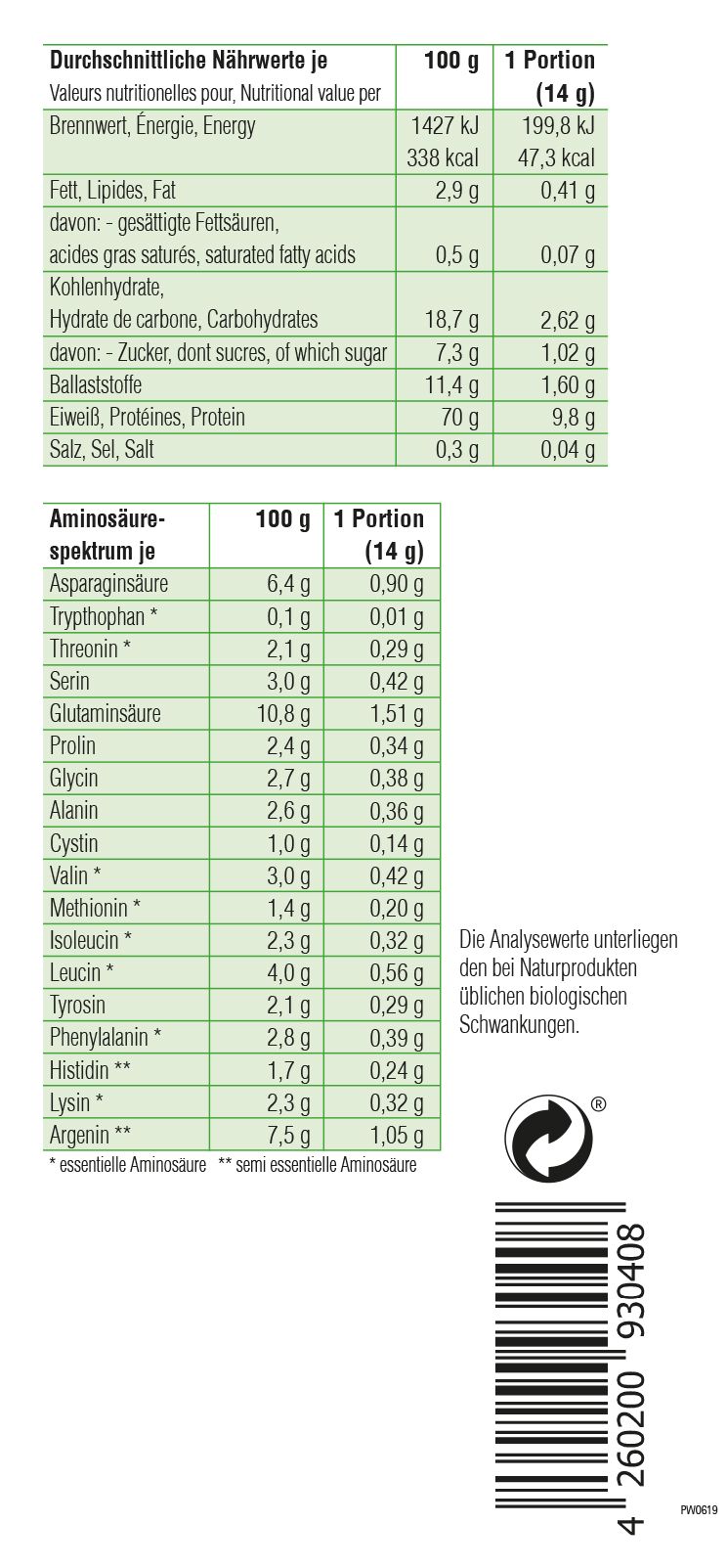 Piowald BIO Hanfprotein hell 70%