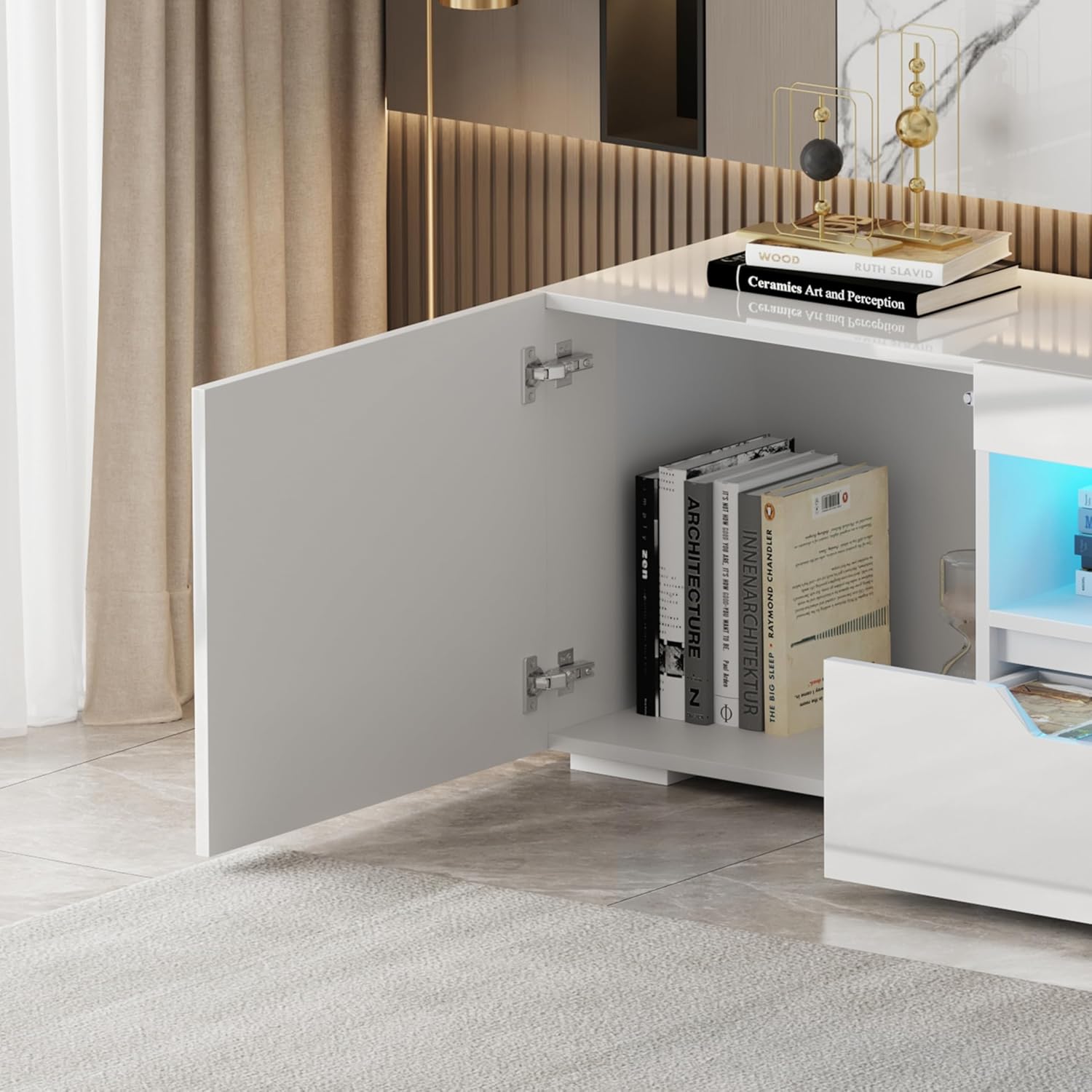 Hochglanz TV Schrank 200 cm mit 16 LED Farben – Modernes TV Lowboard für 65–85 Zoll Fernseher, TV Möbel mit 2 Schubladen & Schränken, Griffloses TV Board für Wohnzimmer (Weiß)
