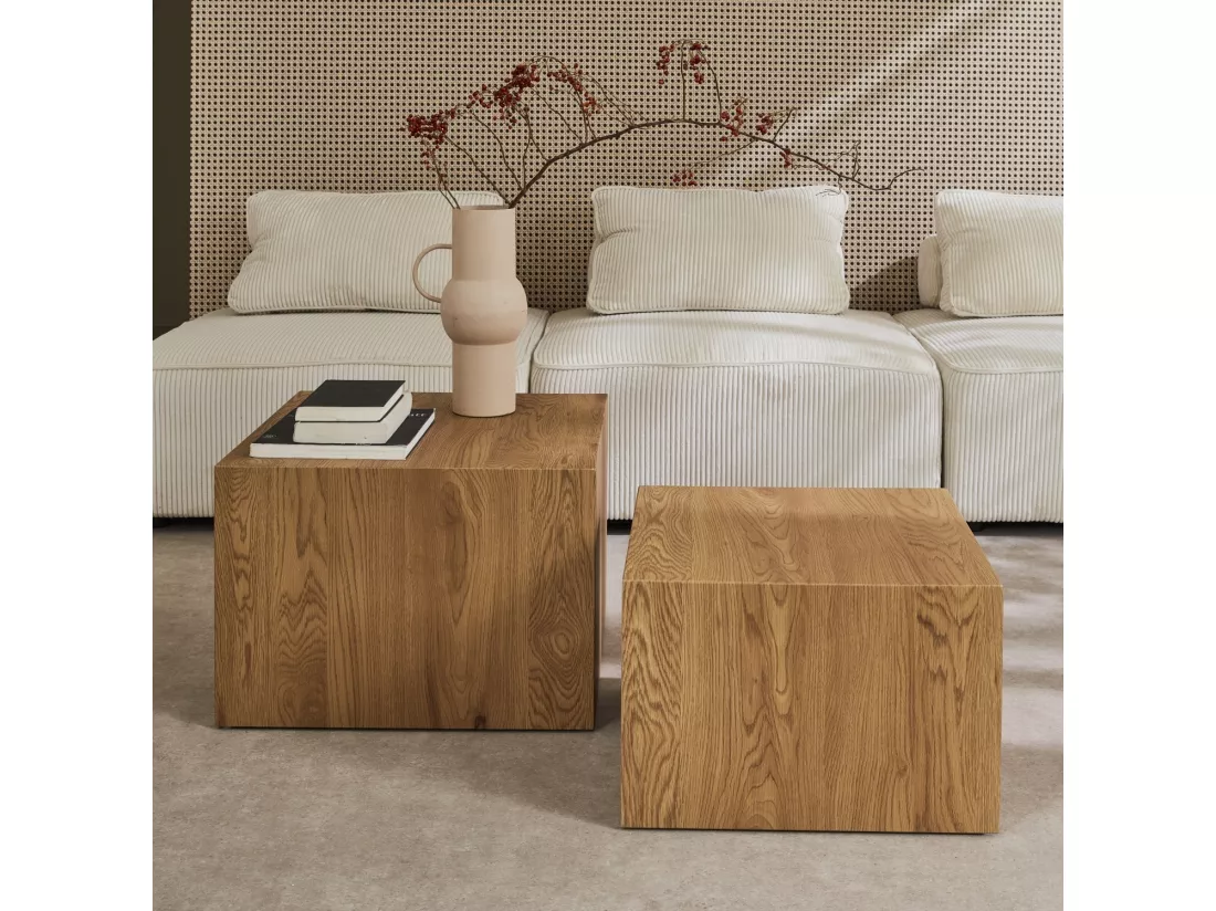 Lot de 2 tables basses carrées effet frêne SYLVA L 58 x l 58 x H 40cm / L 50 x l 50 x H 33cm