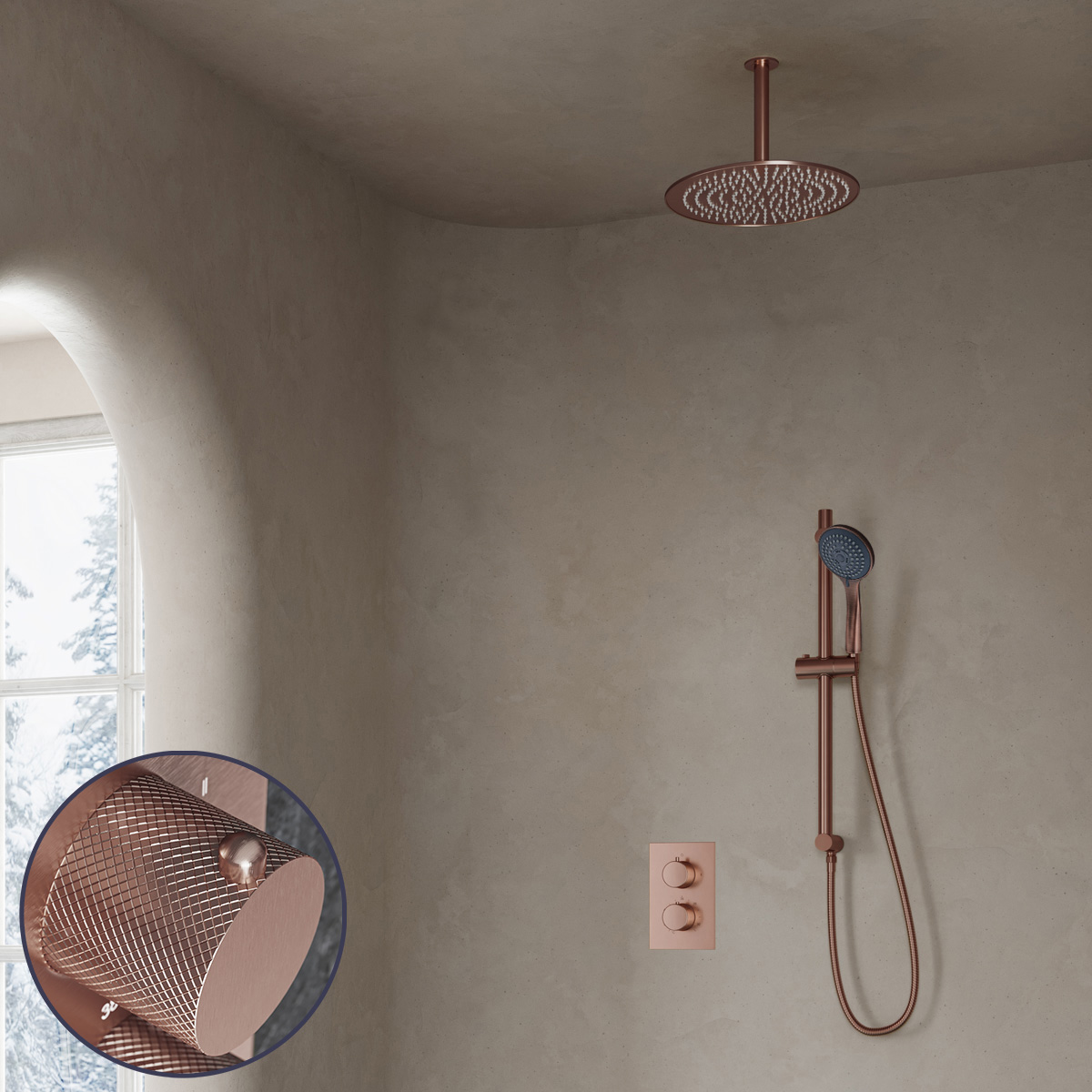 Saniclear Copper Curved inbouw regendouche met 20cm hoofddouche, plafondarm, 3 standen handdouche en glijstang geborsteld koper