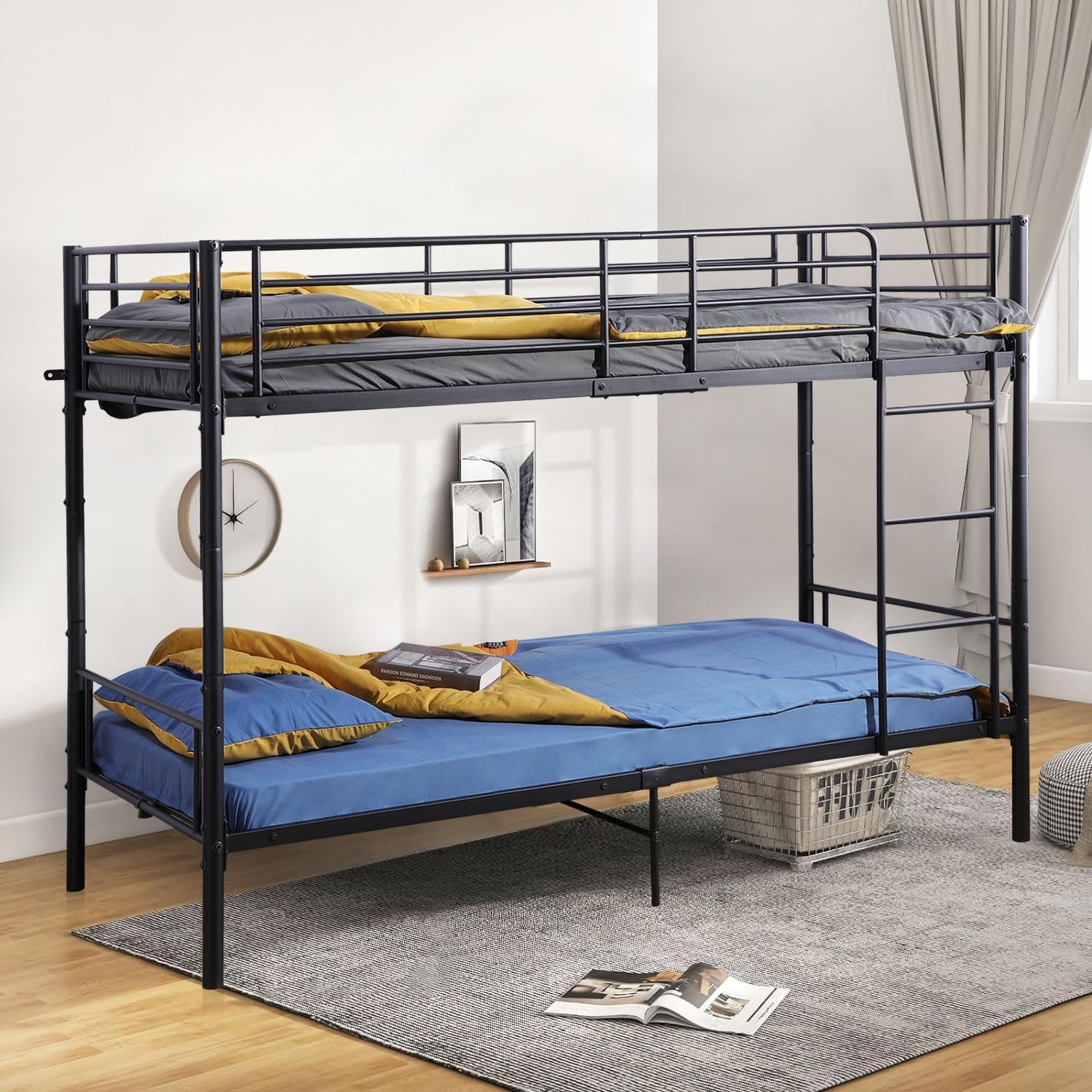 Etagenbett 90x200cm mit Lattenrost, Kinderbett mit Leiter und Rausfallschutz, Hochbett Stockbett - Schwarz