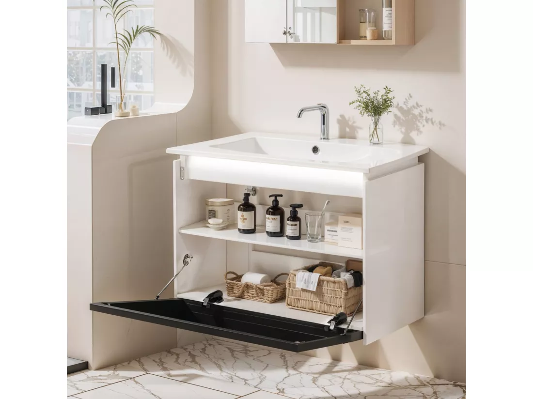 Meuble de salle de bain suspendu - avec vasque à encastrer, LED à induction et porte en verre - blanc - 61.5x46.5x47cm