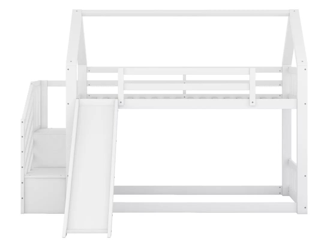 Lit superposé - 2 x 90 x 200 cm - 2 tiroirs et toboggan - pin et MDF - blanc