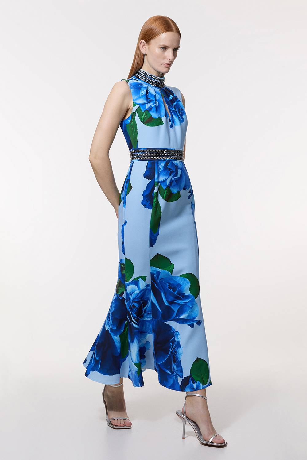 KarenMillen Petite Diamante Trim Rose Woven Maxi Dress