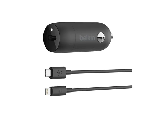 Belkin BoostCharge Car Charger - Bilstrømsadapter - 18 Watt - 3.6 A (24 pin USB-C) - på kabel: Lightning - sort