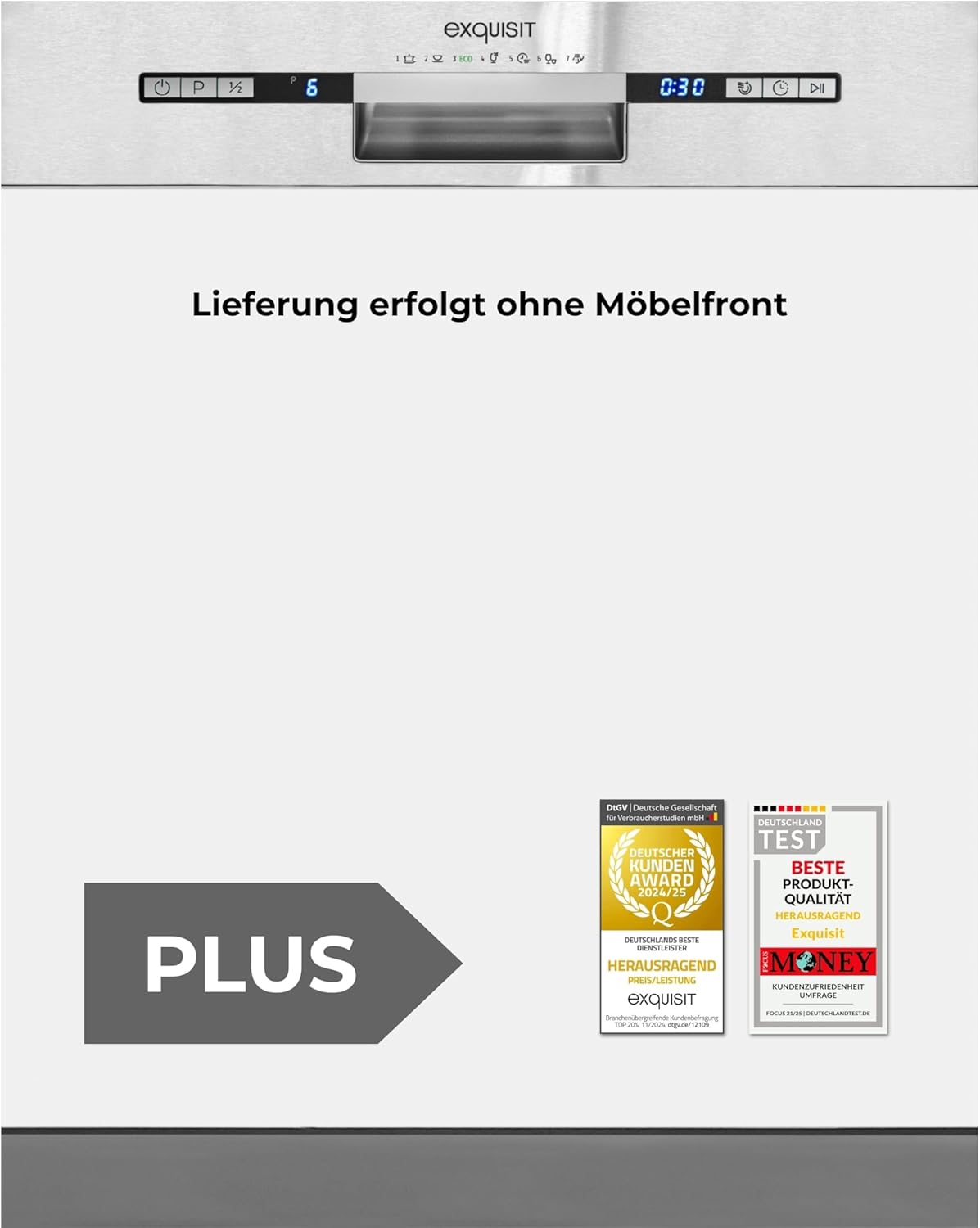 Exquisit PLUS Einbaugeschirrspüler | 13 Maßgedecke, Energieklasse E, 47 dB(A) | vollintegriert, 7 Programme, Eco, Intensiv, Kurz, Extra-Trocknung, Startzeitverzögerung | EGSP2113-EB-030E inox
