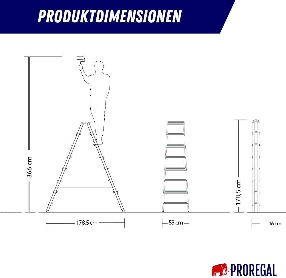 PROREGAL Economy Basic Trapladder, dubbelzijdig toegankelijk, 2 x 8 treden, werkhoogte 3,66 m, draagvermogen 150 kg