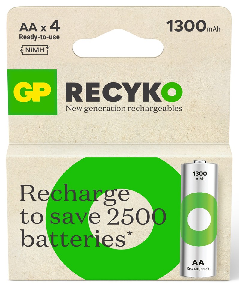 GP - ReCyko NiMH 130AAHCE Rechargeable Batteries, 4-Pack