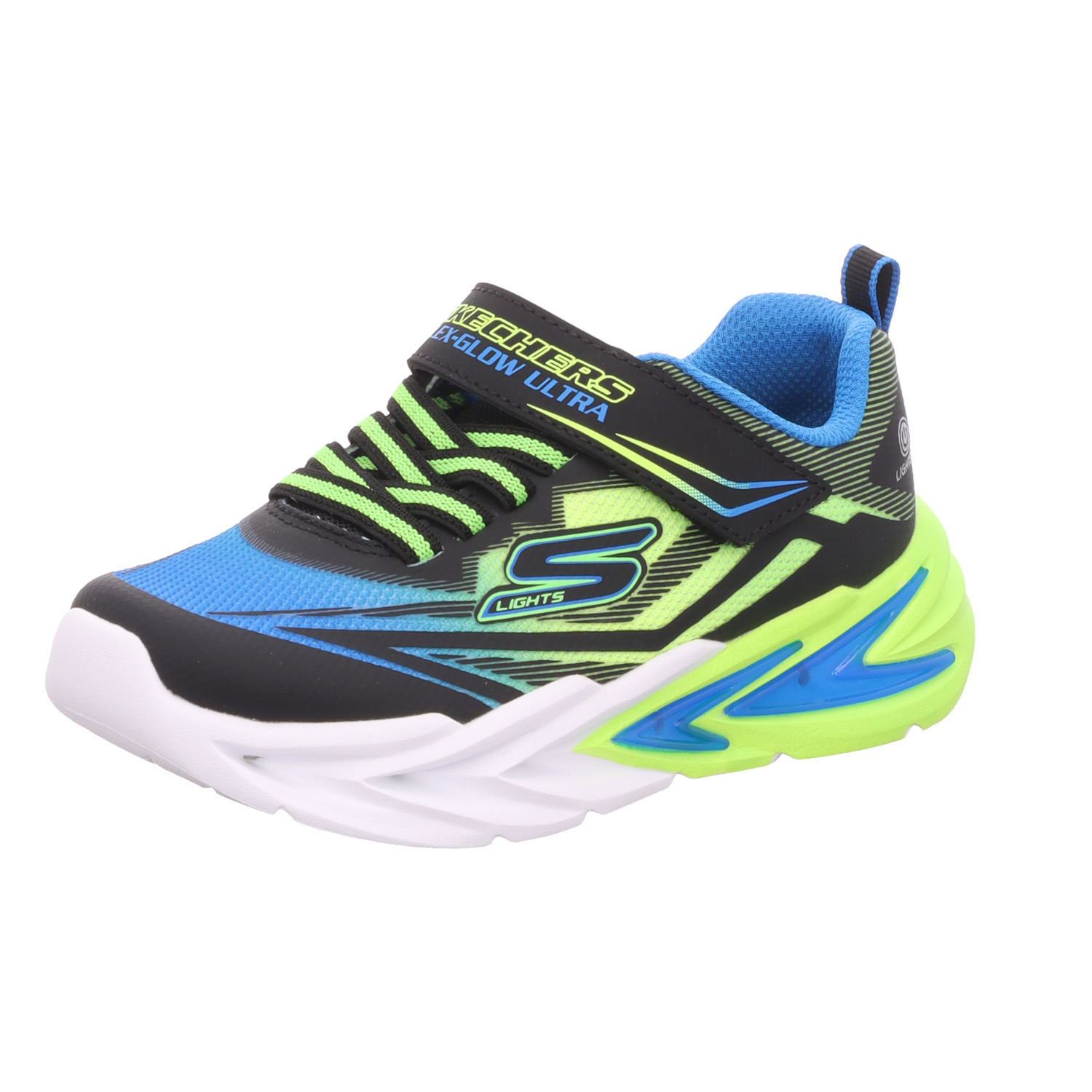 Skechers Kinder-Jungen-Sneaker-Slipper-Klettschuh S LIGHTS FLEX-GLOW ULTRA Schwarz-Blau-Gelb-Weiß
