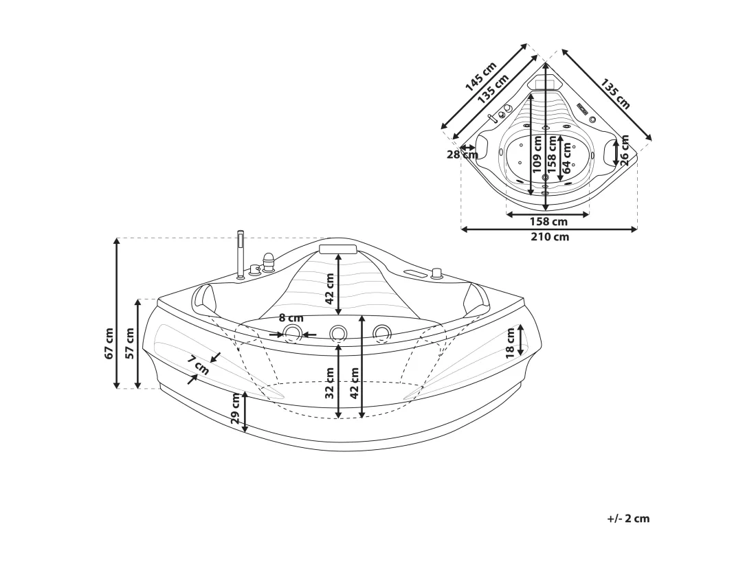 Baignoire d'angle blanche 210 x 145 cm avec LED et haut parleur Bluetooth MONACO