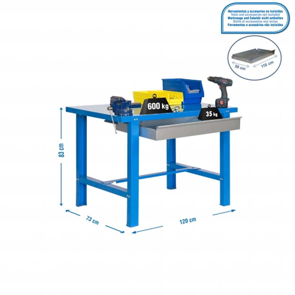 PROREGAL Buffalo Metalen werkbank met lade, afmetingen (H x B x D): 83 x 120 x 73 cm, draagvermogen: 600 kg, blauw