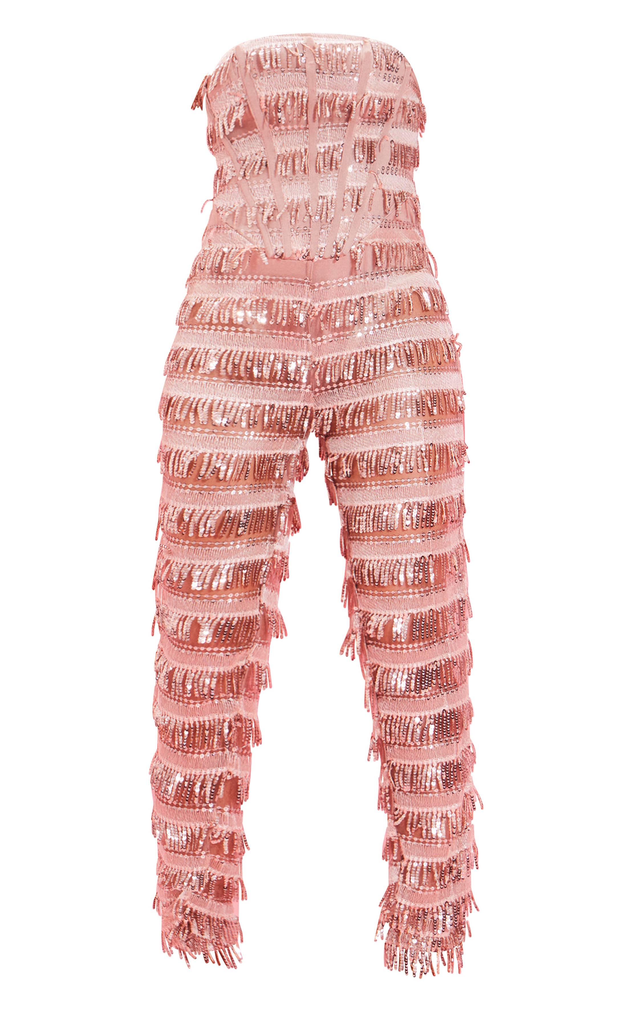Rose Pâle Combinaison Bandeau Corset À Sequins Et Pompons