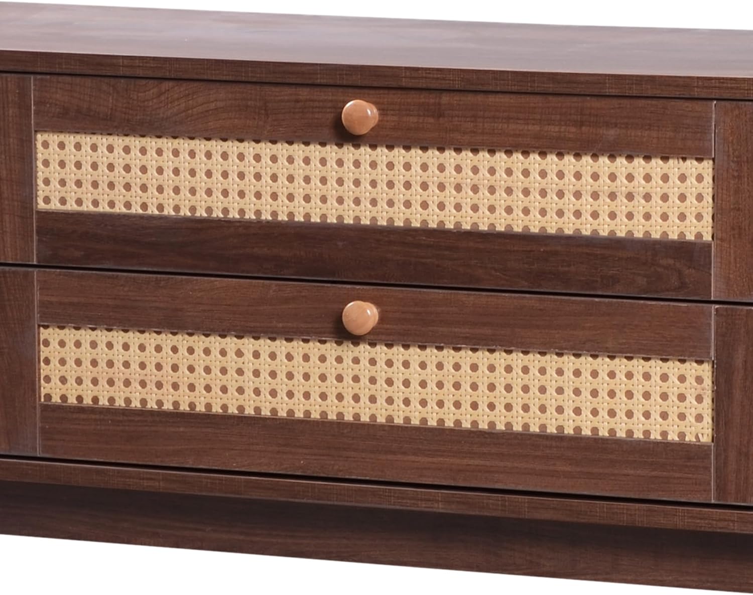 Merax TV Ständer, Lowboard TV Board mit 2 Schubladen und 2 Schiebetüren aus Massivholz, TV-Schrank mit Rattan, Landhausstil Sideboard, Fernsehschrank für Wohnzimmer Esszimmer, 170cm, Braun