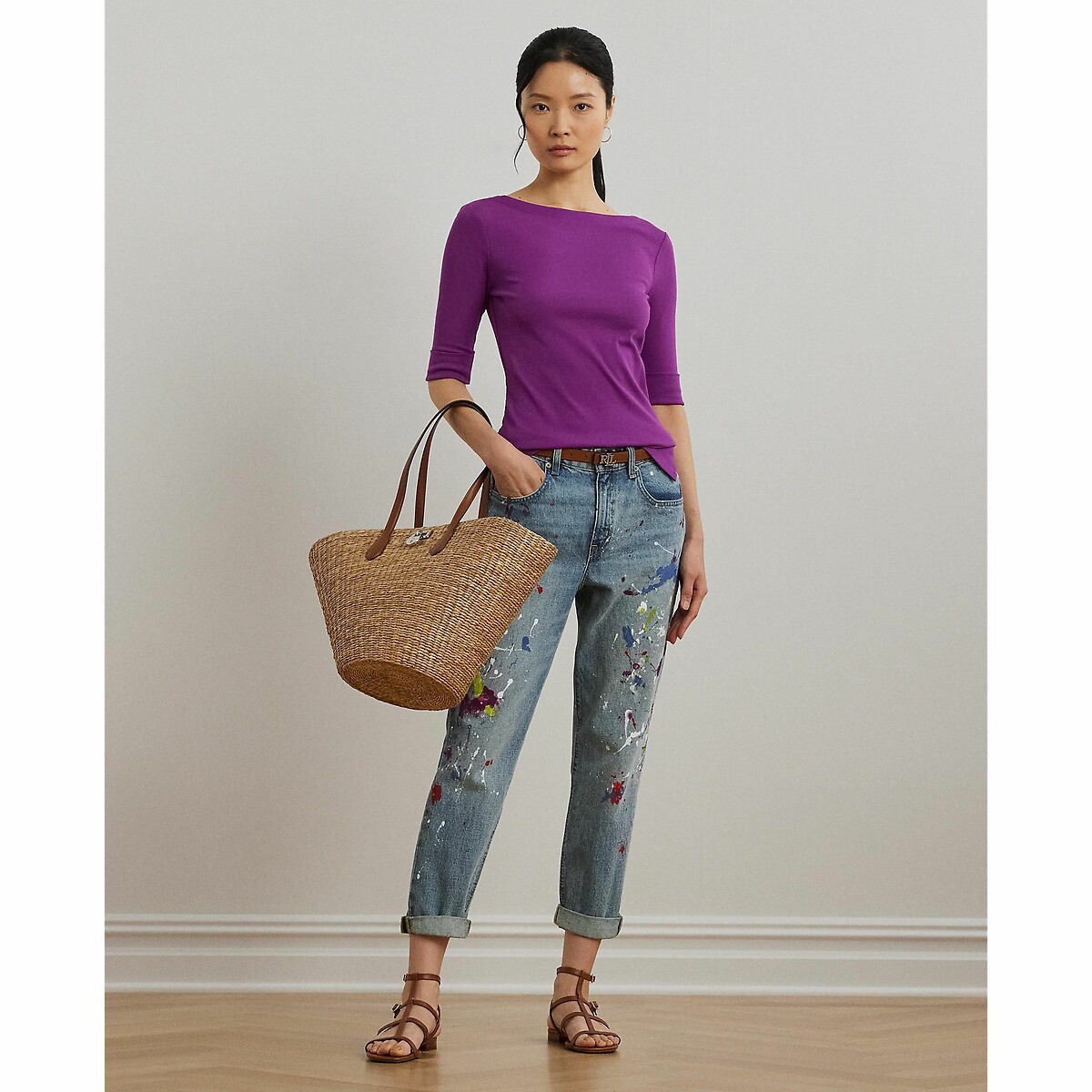 LAUREN RALPH LAUREN<br>Camiseta com decote canoa e mangas curtas