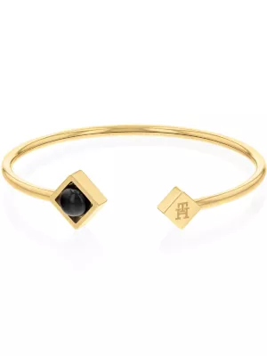 Pulseira em formato de C com esfera de ônix banhada a ouro