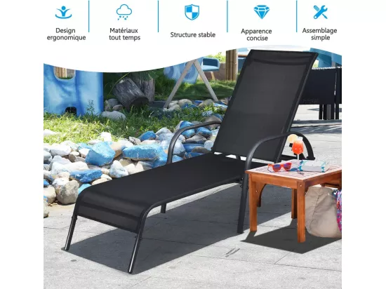Chaise Longue de Jardin, Bain de Soleil Inclinable avec Dossier Réglable sur 5 Positions Transat de Relation avec Accoudoirs pour Plage, Jardin, Balcon, Piscine