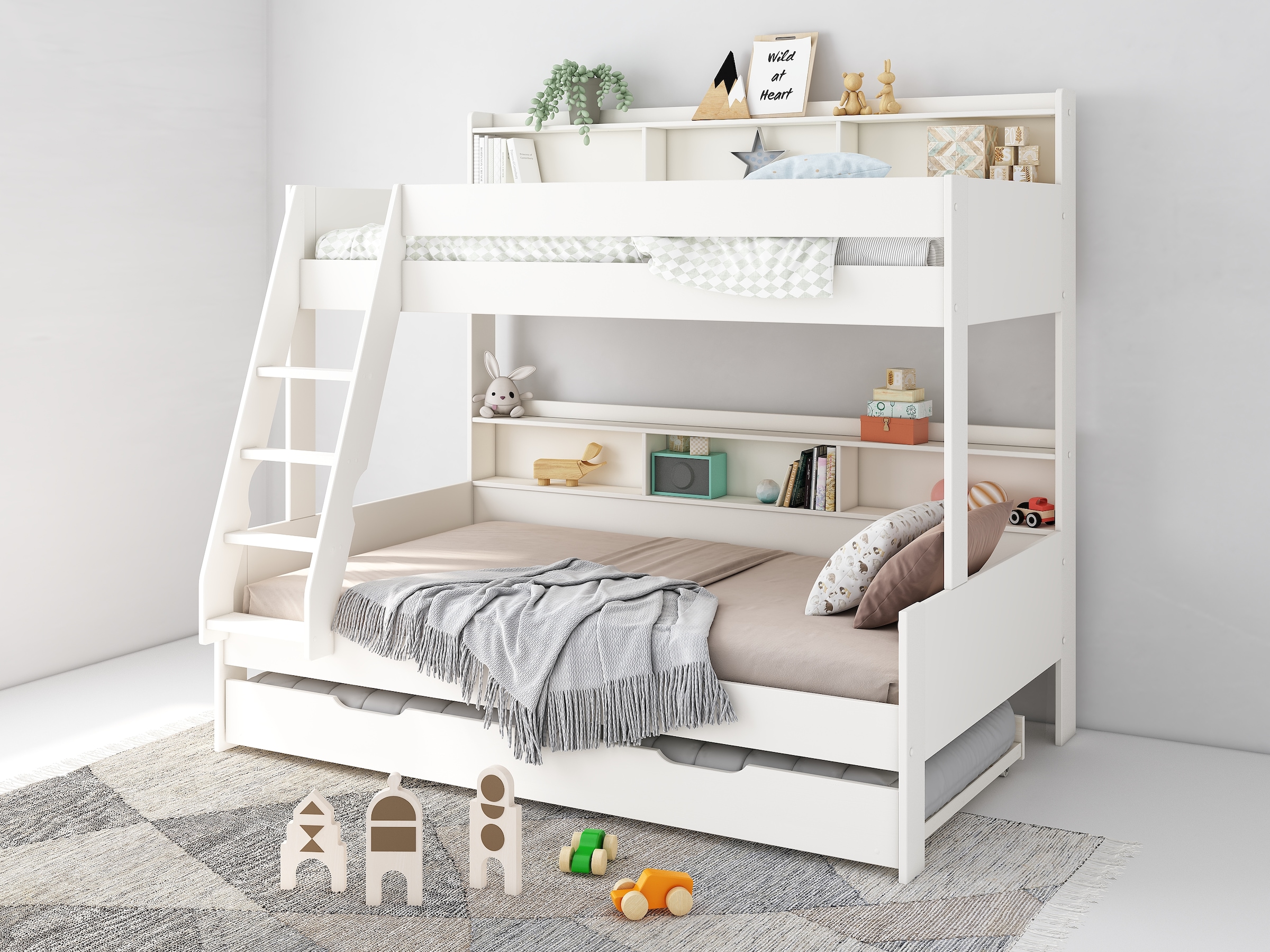 Lüttenhütt Etagenbett »Jaime II, Stockbett, viel Stauraum, mit Regalen, Massivholz mit MDF« Oberes Bett 90x200cm, unteres Bett 120x200cm,  breite Liegefläche unten, FSC®, Made EU, 3. Schlafgelegenheit optional