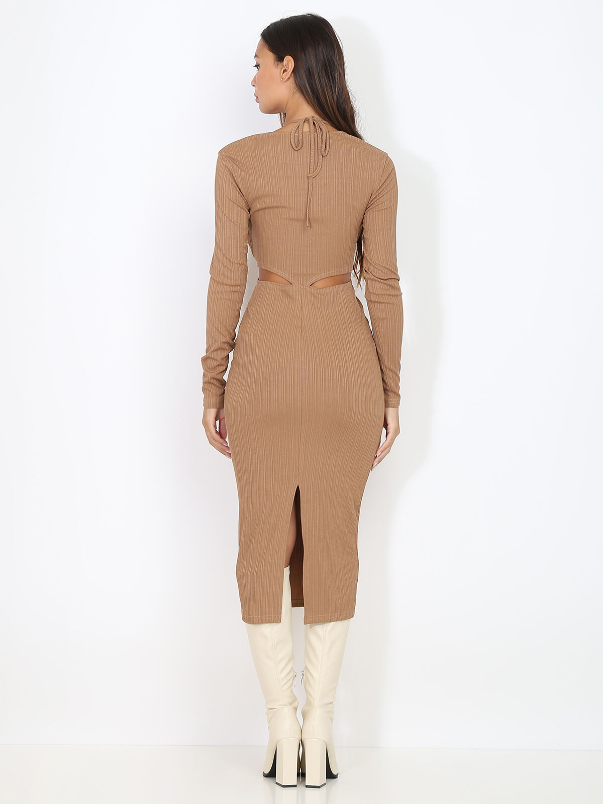 Robe longue cut out effet plissé- Taupe