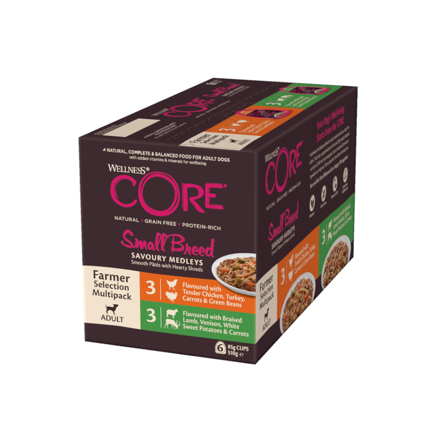 6 potes de 85g de ração para cães Wellness Core Small Farmer Selection