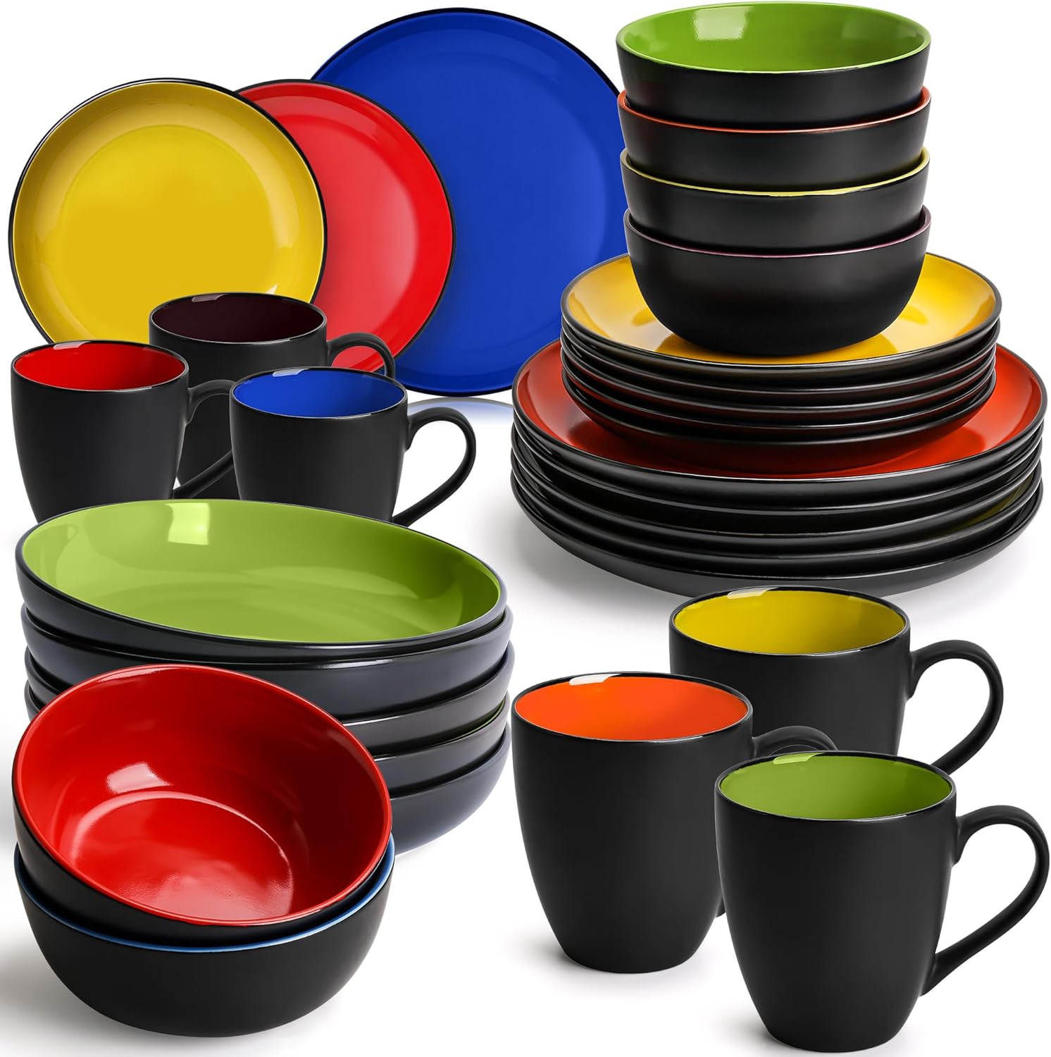 MIAMIO – Geschirrset 6 Personen/Steingut Geschirr Set 30-teilig, Tafelservice Steingut mit Tellern, Schüsseln, Tassen, und Suppentellern - Le Papillon Kollektion (Bunt,30 Teile Set)