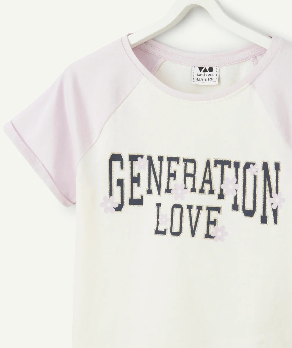 T-SHIRT FILLE EN COTON BIO MAUVE ET ÉCRU MESSAGE GENERATION LOVE