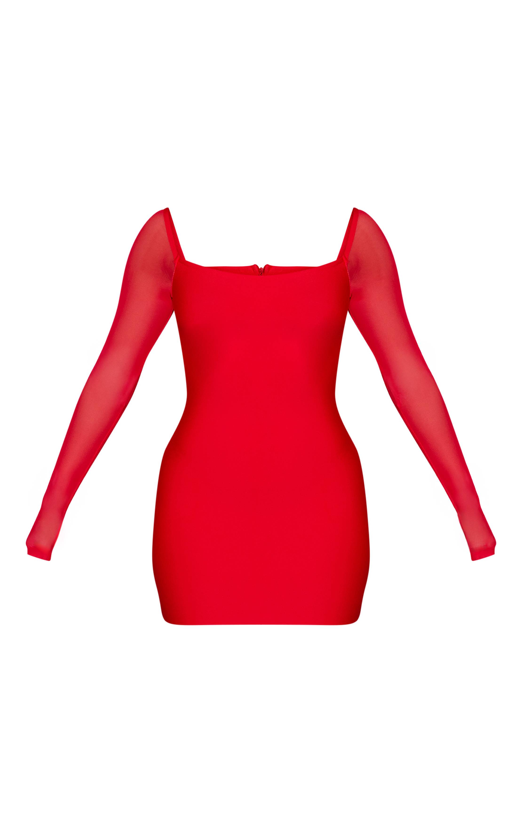 Rouge Robe Moulante Mini Bandage À Manches En Résille