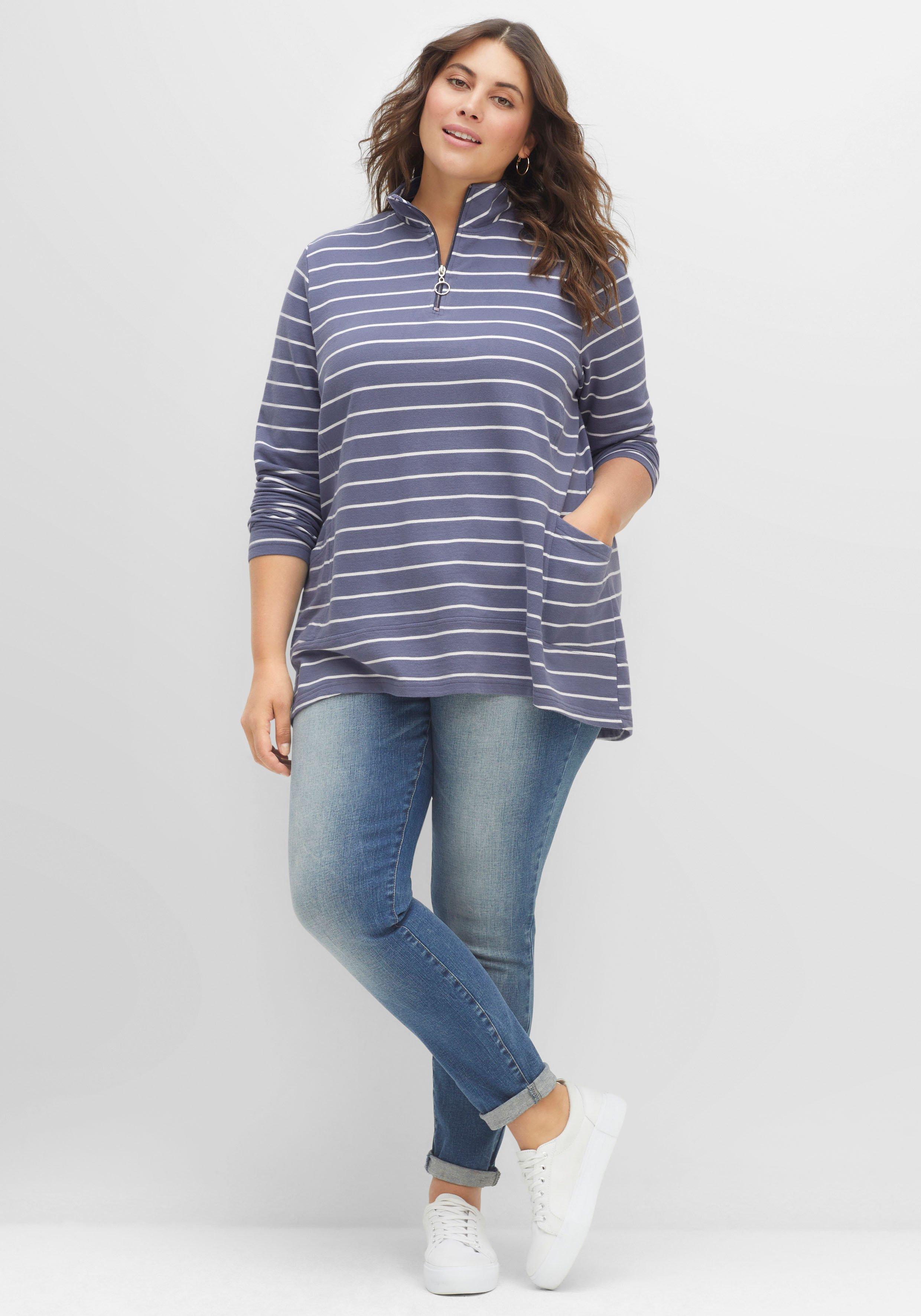 Sweatshirt in A-Linie, mit Ringeln und Troyerkragen