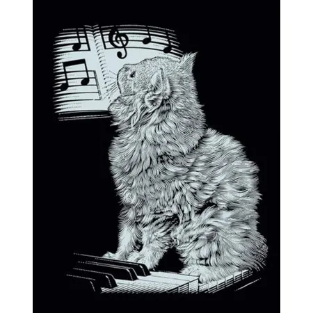 Mammut Kratzbild Katze am Piano, silber