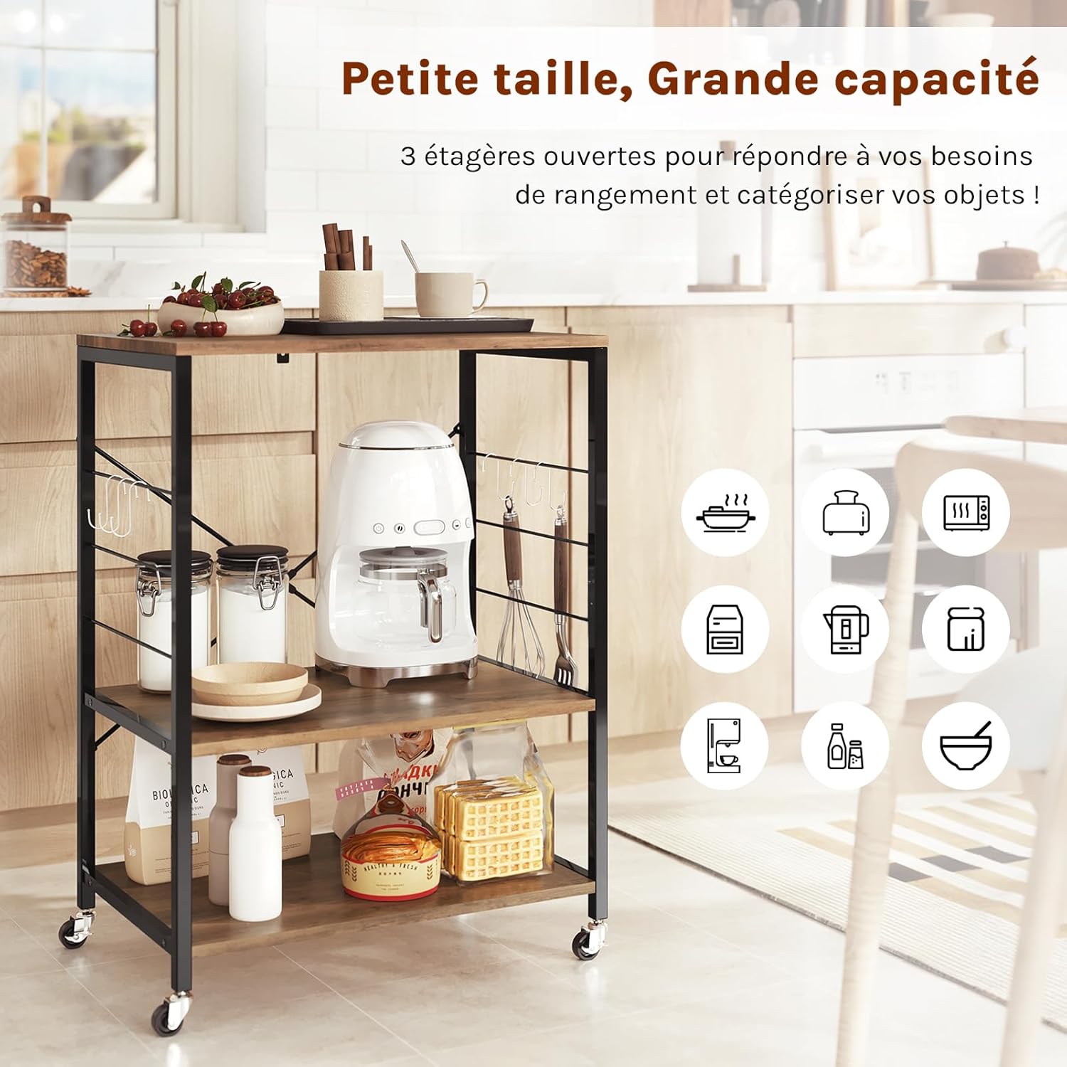 WOLTU Desserte à roulettes à 3 Niveaux, Étagère Cuisine à 4 Crochets, Support Micro-Ondes en Métal, Bois d'Ingénierie, Marron Rustique+Noir, 60x40x82,5cm IJ4112637