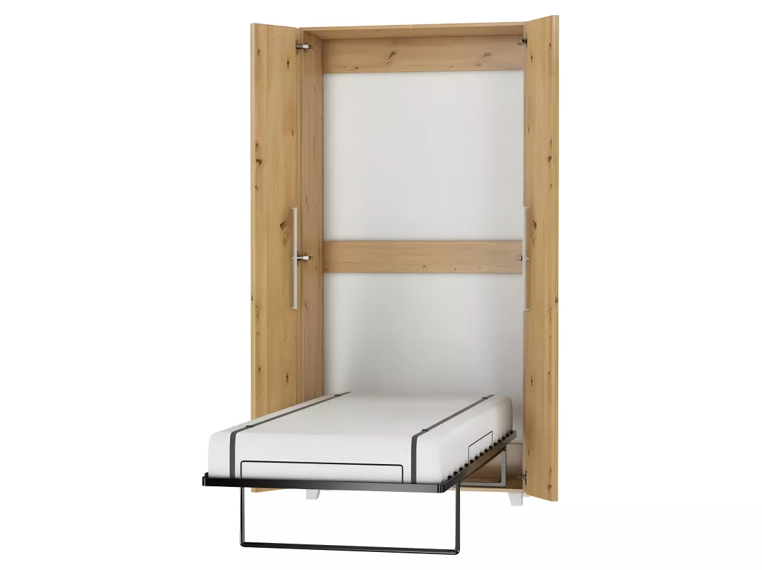 Armoire Lit escamotable Vertical 90x200 cm Chêne Artisan avec porte Lit Rabattable Lit Mural Todor