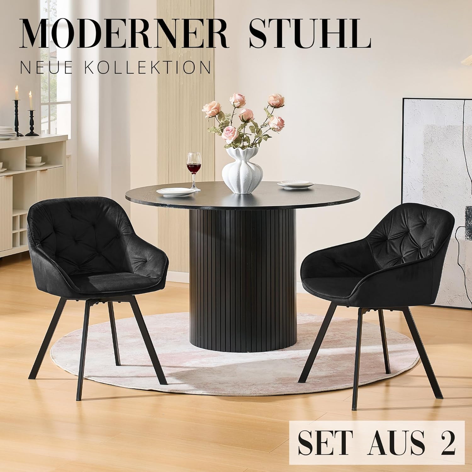 CLIPOP Samt Esszimmerstühle Drehbar 2er Set,Gepolstert Sessel Küchenstuhl mit Armlehne Freizeit Polsterstuhl Bequem Sitz Drehstuhl für Esszimmer Wohnzimmer Esszimmer, (1, Schwarz)