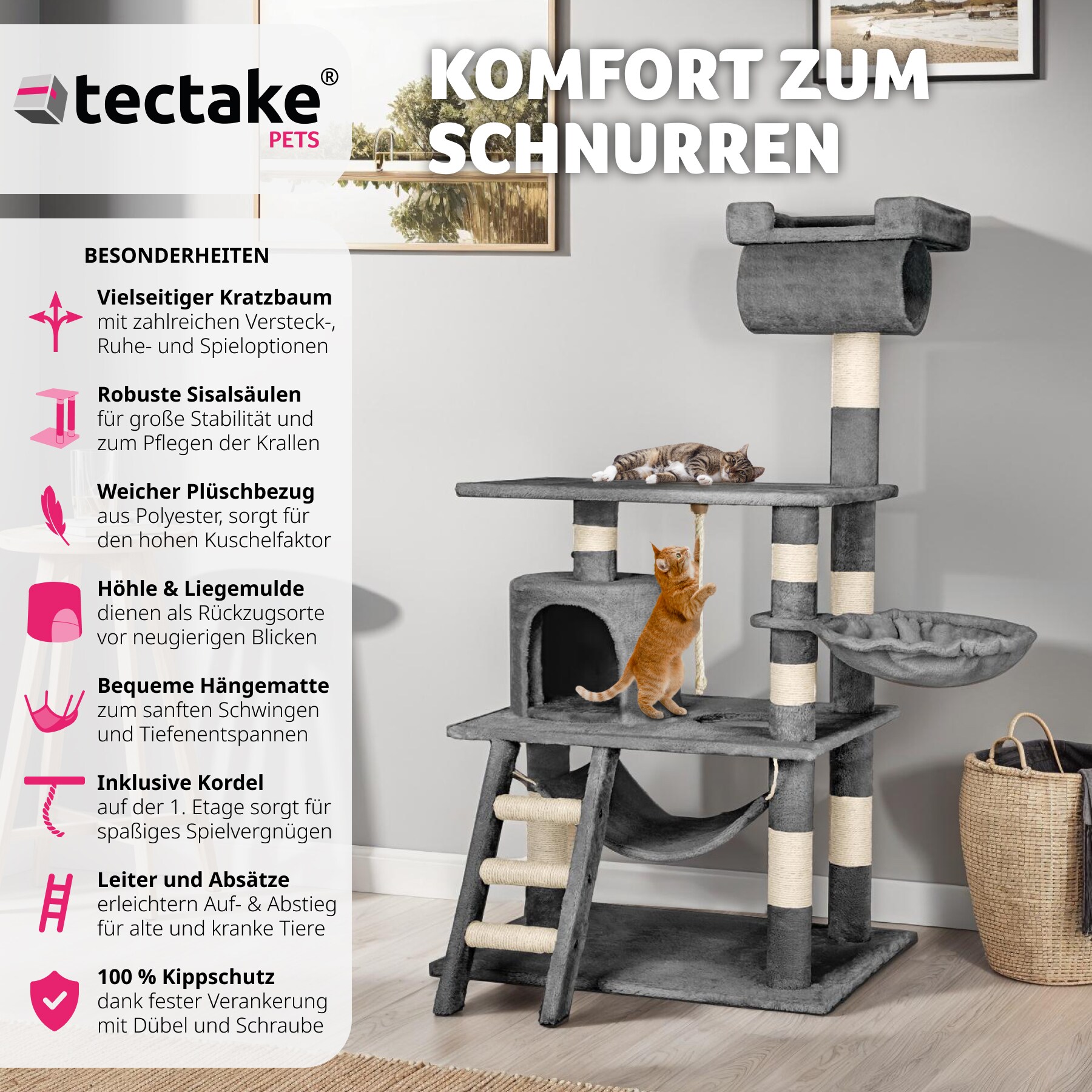 tectake® Kratzbaum, 141 cm, mit Katzenhaus, inklusive Spielkordel und Kippschutz