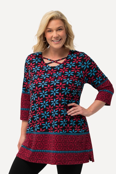 Longshirt, Bordürendruck, A-Linie, Rundhals, 3/4-Arm