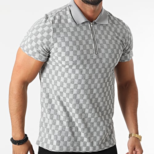 Polo Manches Courtes à Carreaux Gris