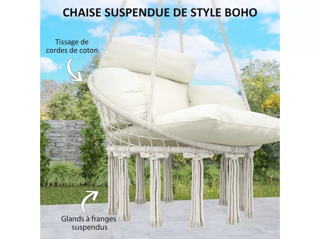 Chaise suspendue de jardin - grand coussin inclus - macramé coton polyester blanc cassé