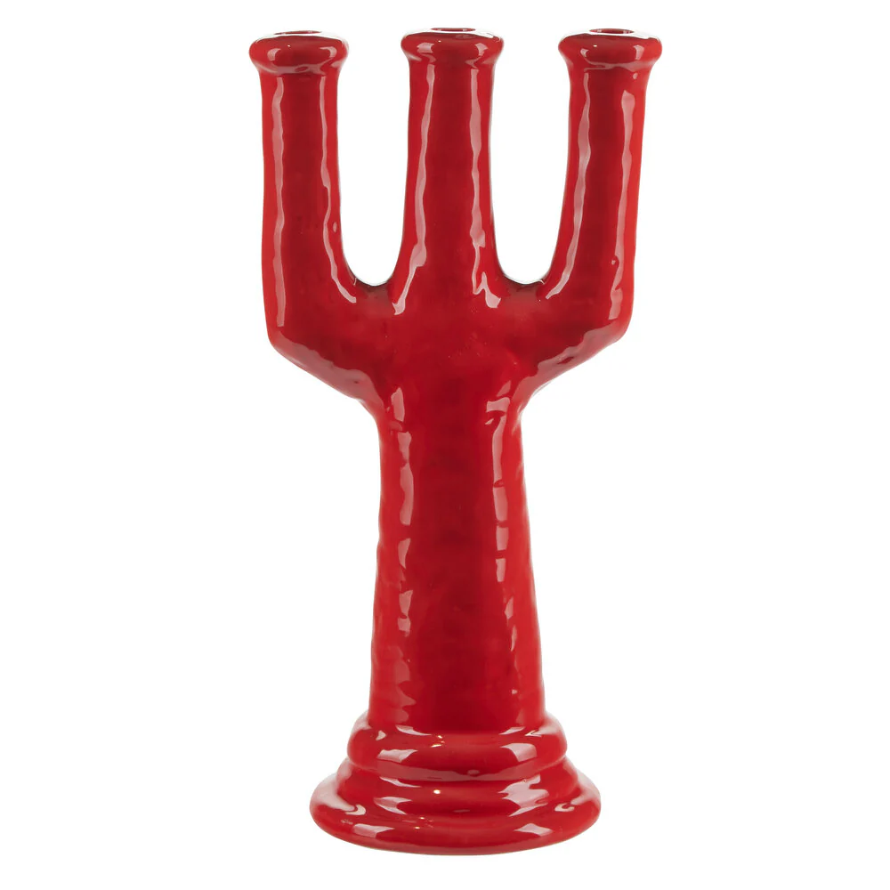 Bahne Interior  Skulpture trearmet lysestage, tomato red - H38,5 cm