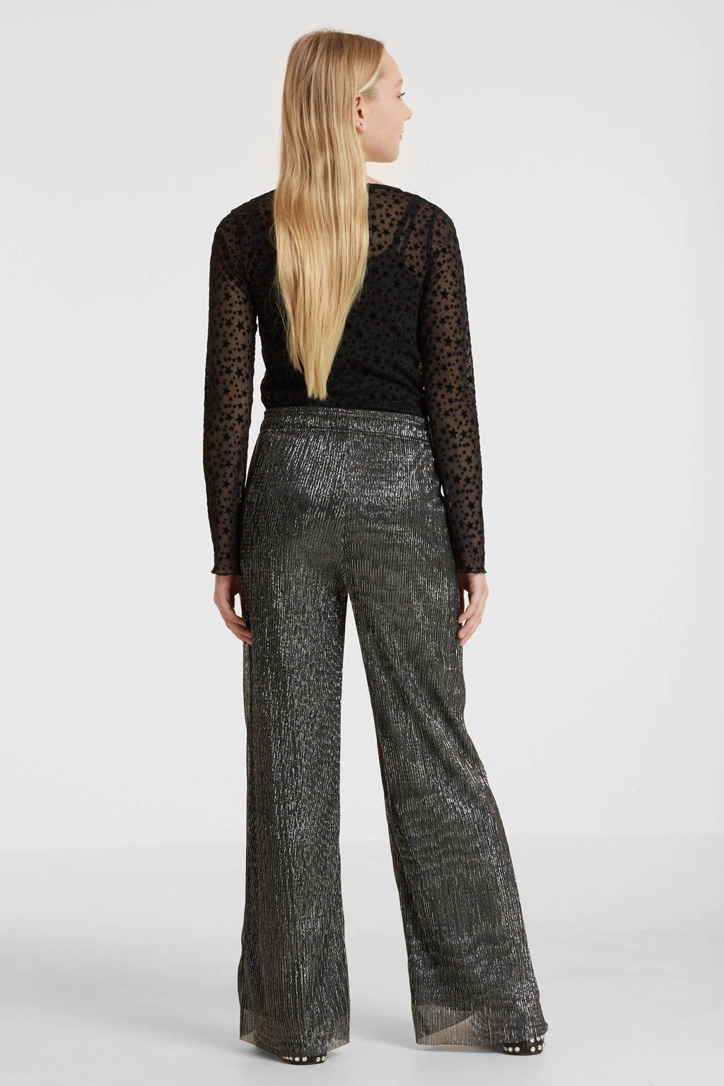 anytime plisse wide leg broek zwart/zilver