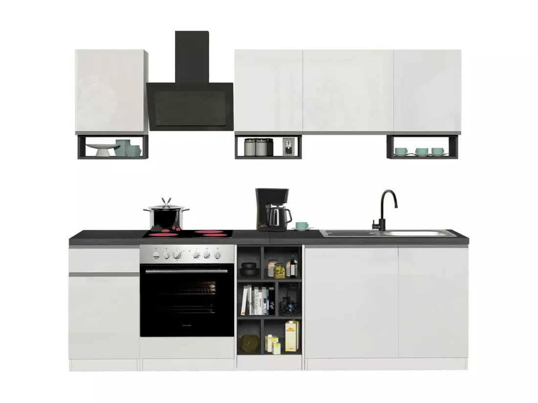 Cuisine complète Dcelient, Ensemble avec garde-manger, Meuble de kitchenette, Kit bloc linéaire, 100% Made in Italy, 255x60h85 cm, Blanc brillant et ardoise
