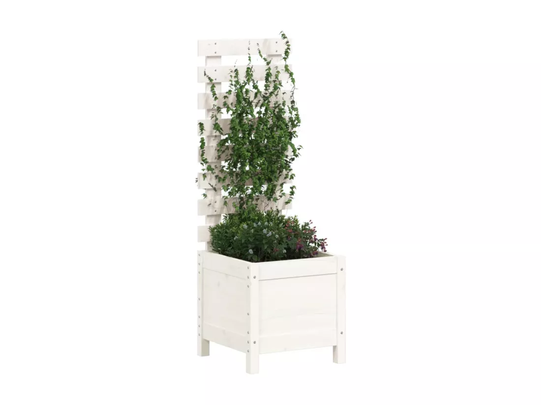 Jardinière avec support blanc 39x39,5x114 bois de pin massif