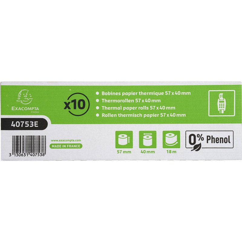 Bobines Terminaux bancaires Exacompta 40753E - l 57 mm x L 18 m, Ø 40 mm - 1 pli(s) - paquet de 10