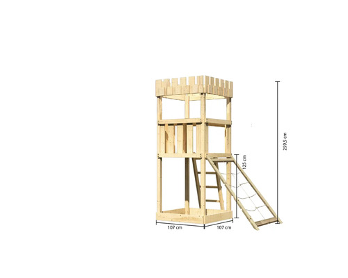 Speeltoren/speelhuis Karibu Leeuwenhart, 107 x 107 cm, hout, bestaande uit een nethelling